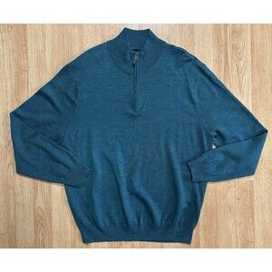 Mens Large Teal Jos A Bank Traveler 1/4 Quarter Zip 100% Merino Wool Sweater